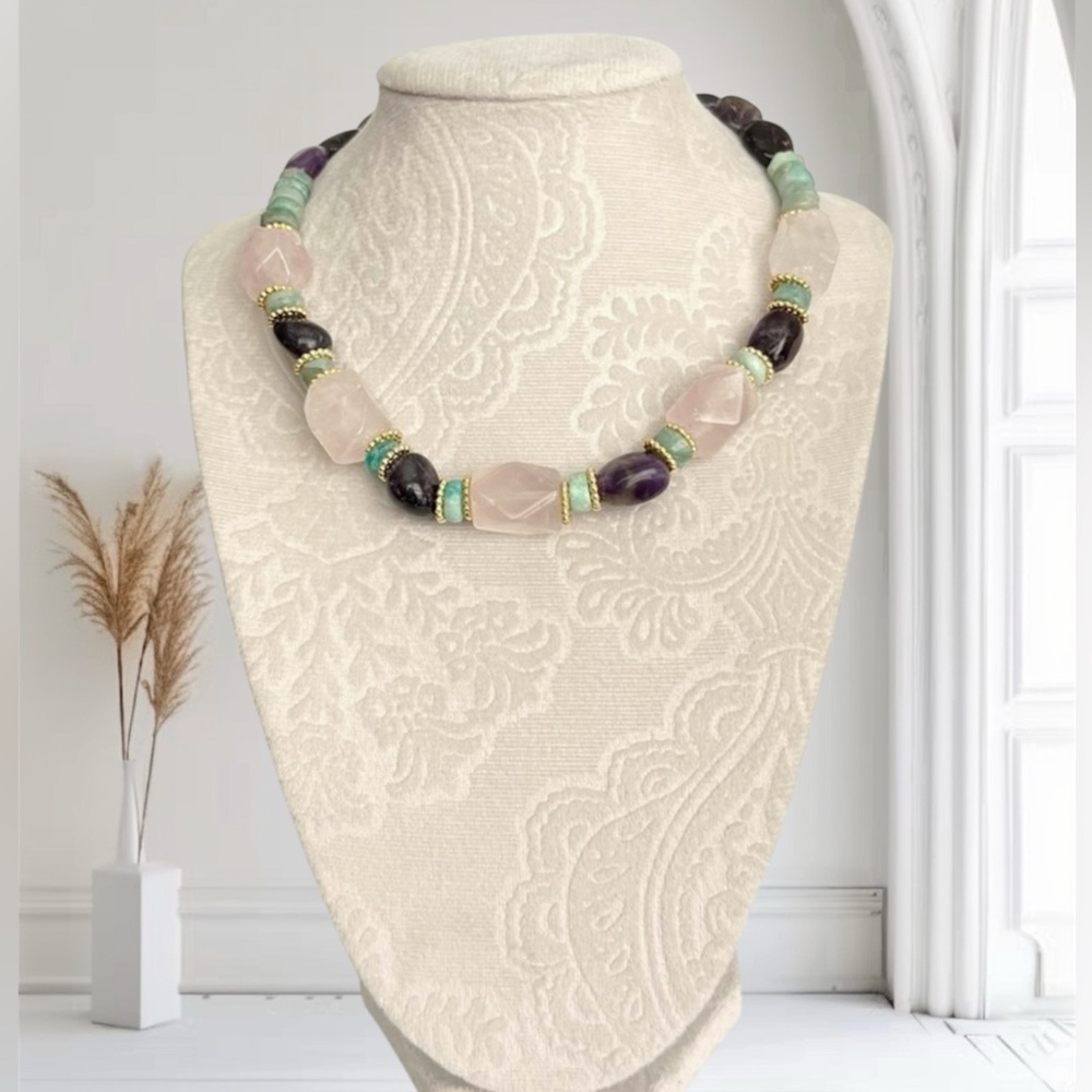 Gemstone Necklace | Pink Quartz & Amazonite | Handcrafted Luxury Jewelry